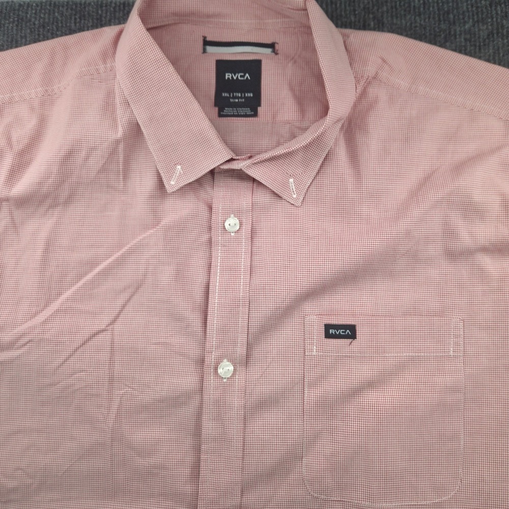 RVCA Button Down Shirt Men XXL Red Micro Gingham Slim Fit Short Sleeve Excellent